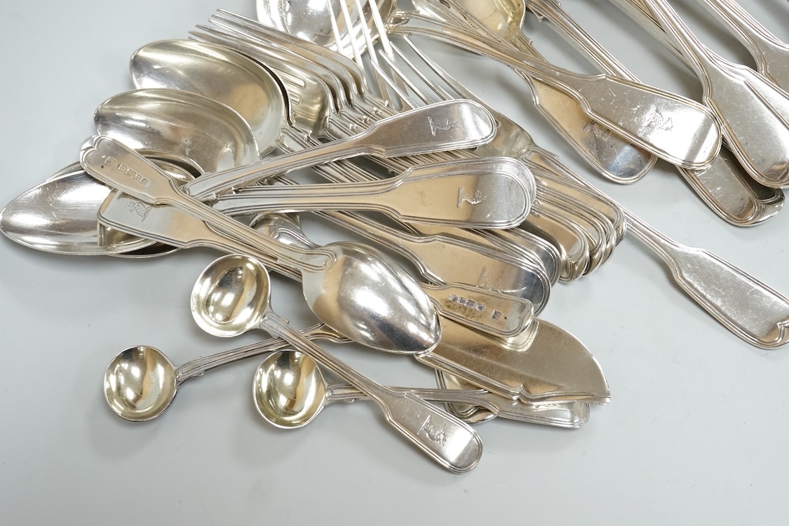A part canteen of early 19th century silver fiddle and thread pattern flatware by Joseph & Albert Savory, comprising six table and dessert spoons, six table and dessert forks, a pair of sauce ladles, four mustard ladles,